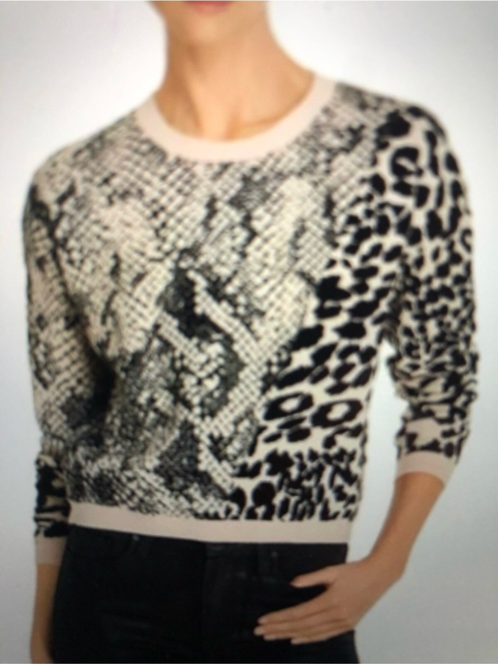 Guess Women's Tamelia Animal Print Crop Sweater Off White and Black. Size Small
